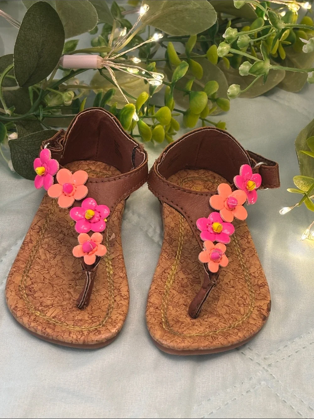 Carter's Brown Floral Toddler Sandals with Pink Flower Accents